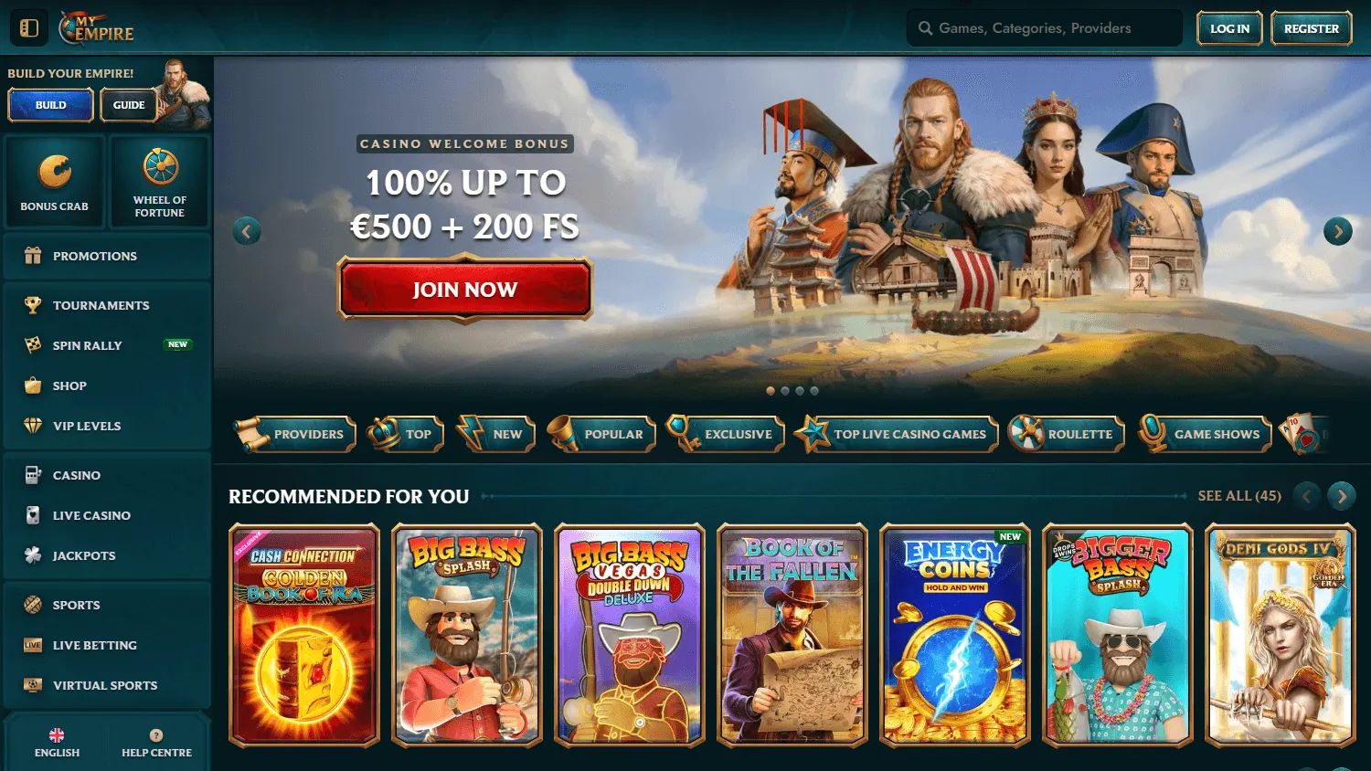 MyEmpire Casino home interface on a desktop screen