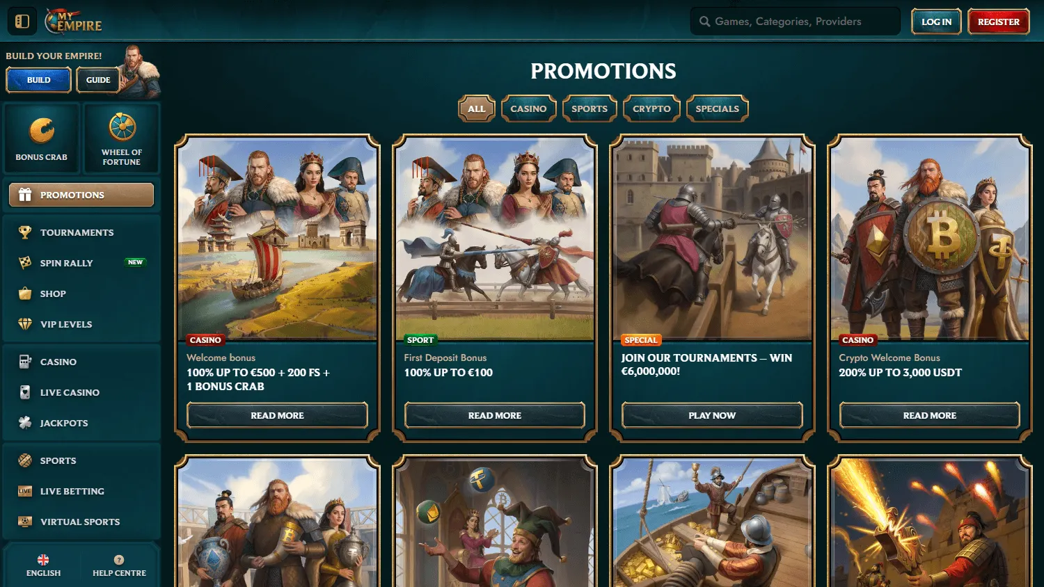 MyEmpire Casino promotions area on a desktop screen