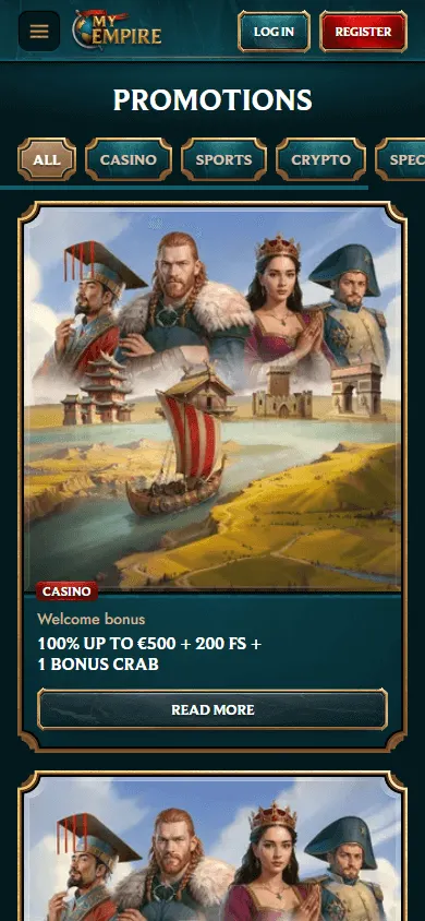 MyEmpire Casino promotions area on a mobile device