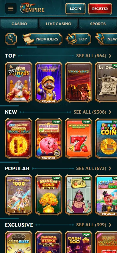 MyEmpire Casino games lobby on a mobile device