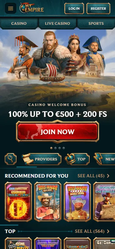 MyEmpire Casino mobile-optimised home interface